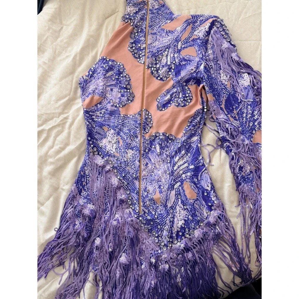 Single-Sleeve Tassel Fashion High-Cut Jumpsuit Latin Dance Performance Clothing - Picture 4 of 8